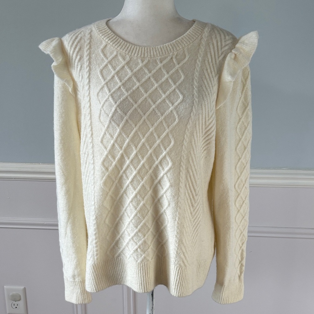 TALBOTS Cable Knit Ruffle Crewneck Sweater Cream Ivory Soft Size Large - Picture 2 of 10